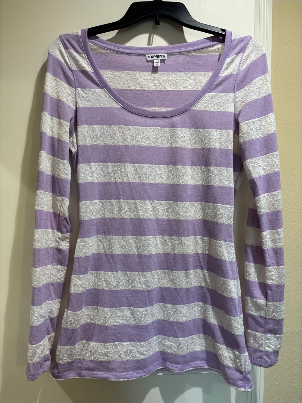 Express Lavender & White Striped Long Sleeve Scoop Tee